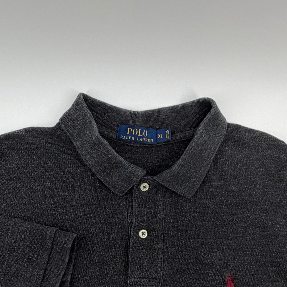 Polo by Ralph Lauren Men’s Dark Charcoal Gray Polo Shirt with Burgundy Logo